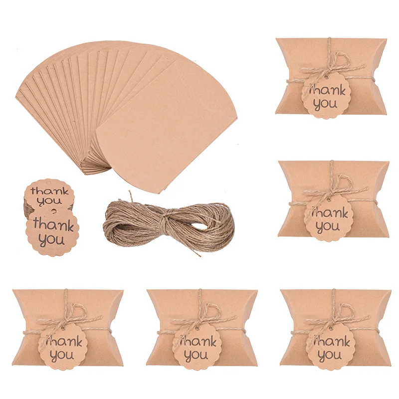 Kraft Paper Box Thank You Candy Boxes Mini Pillow Shape Wedding Favors Gift Box for Thanksgiving Birthday Eater Party Supplies