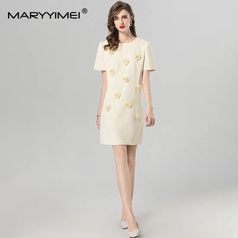 MARYYIMEI Spring Summer Women's Dress Short-Sleeved Beading Appliques Casual Holiday Party Mini Dresses