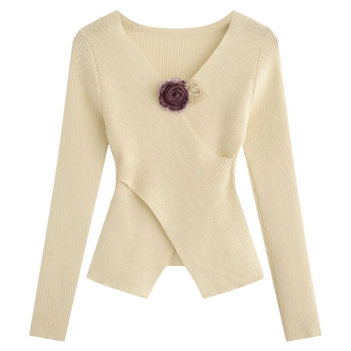 

Knitted Sweater Women's Autumn New Style Elegant Floral V-neck Top Cross Waist Slimming Long Sleeved Sweaters Base Shirt