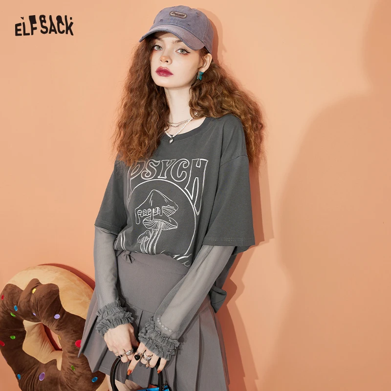 ELFSACK Women's Graphic Fake Two-Piece T-Shirt with Mushroom Print, Loose Long Sleeve Top, Casual Streetwear Tee