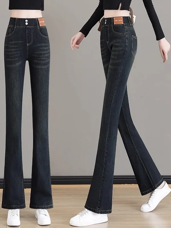 

High Waist Bell Bottom Jeans Women's plus Size Elastic Waist Denim Pants Slimming Bootcut Casual Style Winter Fashion
