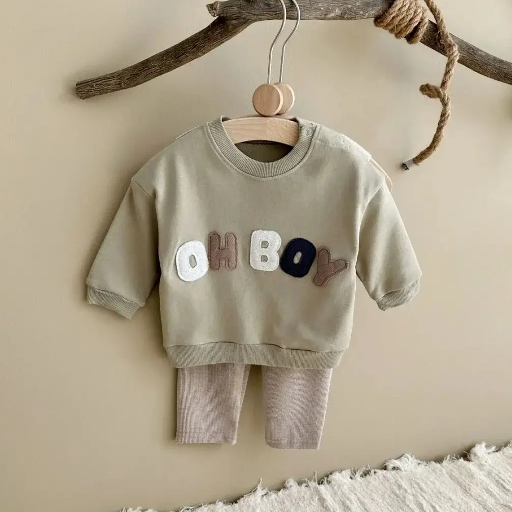 0-24M Baby Boy Clothes Set Newborn Infant Autumn Spring Letter Patch Outfits Tops Pants Casual Infant Clothing