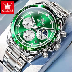 OLEVS Man Watch Luxury Original Quartz Watch for Men 24 Hour Moon Phase Chronograph Hand Clock Waterproof Luminous Green Watches