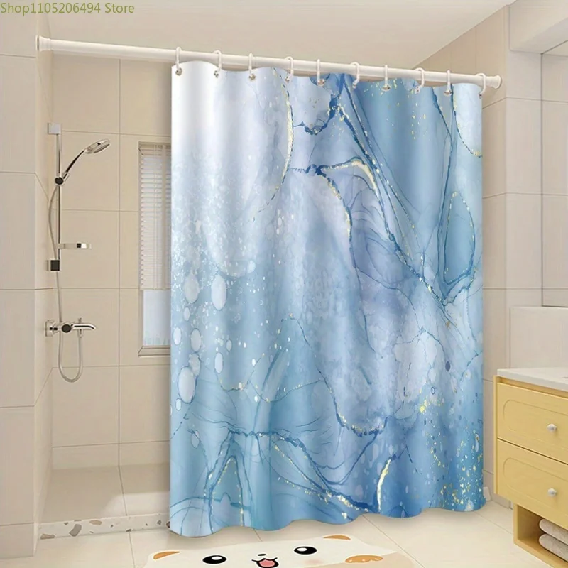 1pc Blue Marble Shower Curtain - Elegant Polyester Bath Decor with Golden Veins, Machine Washable, Perfect for Modern Bathroom