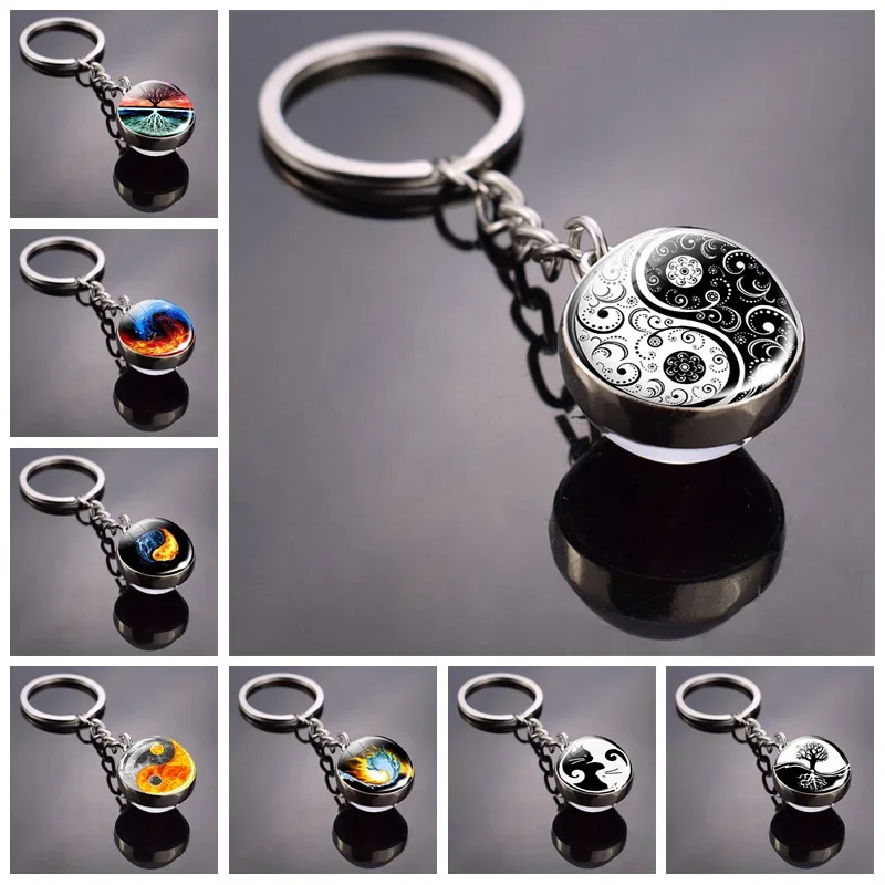 Yin Yang Keychain Yin Yang Tree of Life Double Side Glass Ball Keychain Yin Yang Cat Keyring