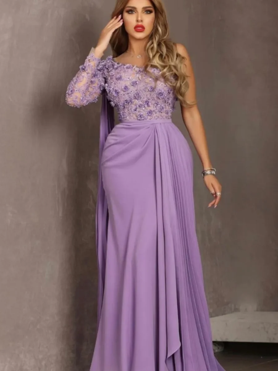 Lavender Arabian Sexy Evening Dress Lace Beaded Prom Dress Bodycon Formal Party Bridesmaid Second Reception Dress