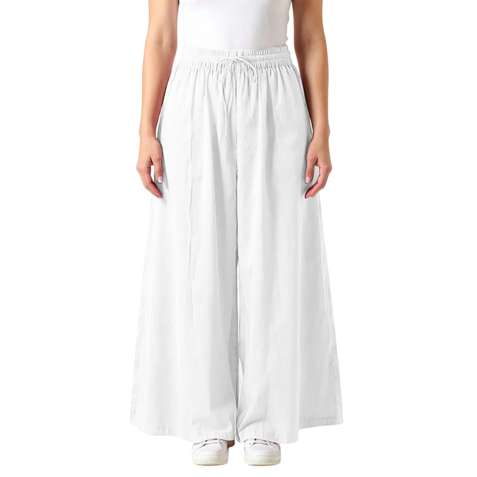 Women's Fashionable Solid Color Cotton And Linen Straight Leg Pants With High Waist And Elastic Waist Casual Loose Pants 2025