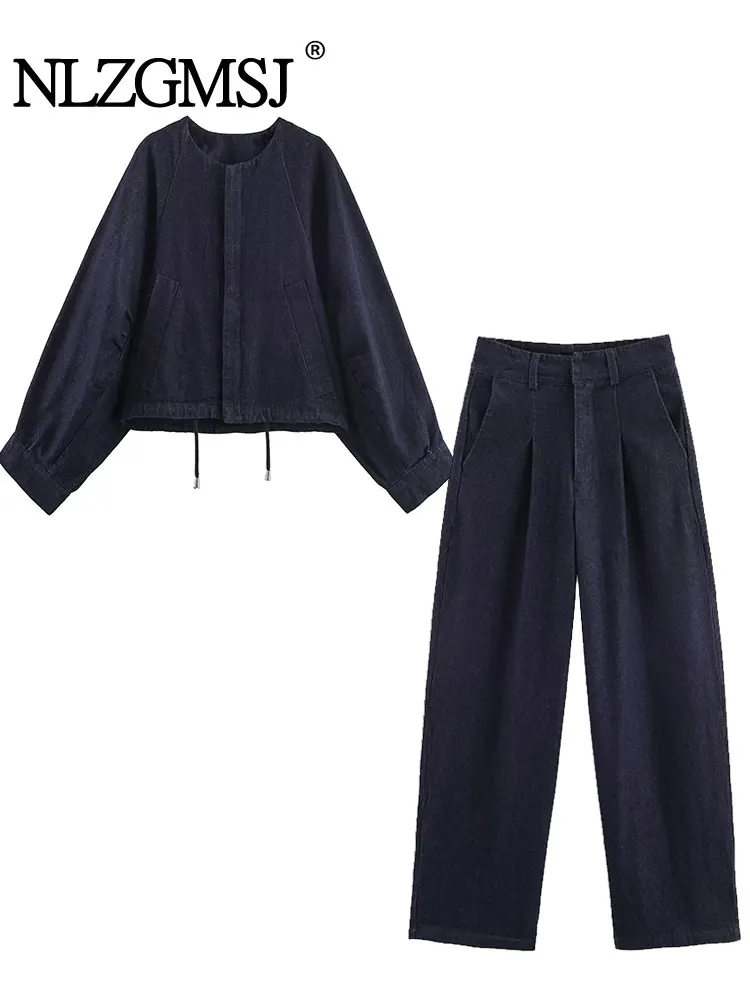 

NLZGMSJ женский осенний винтажный повседневный шикарный ковбойский костюм с круглым вырезом, однобортные свободные куртки, длинные брюки, модные джинсовые костюмы