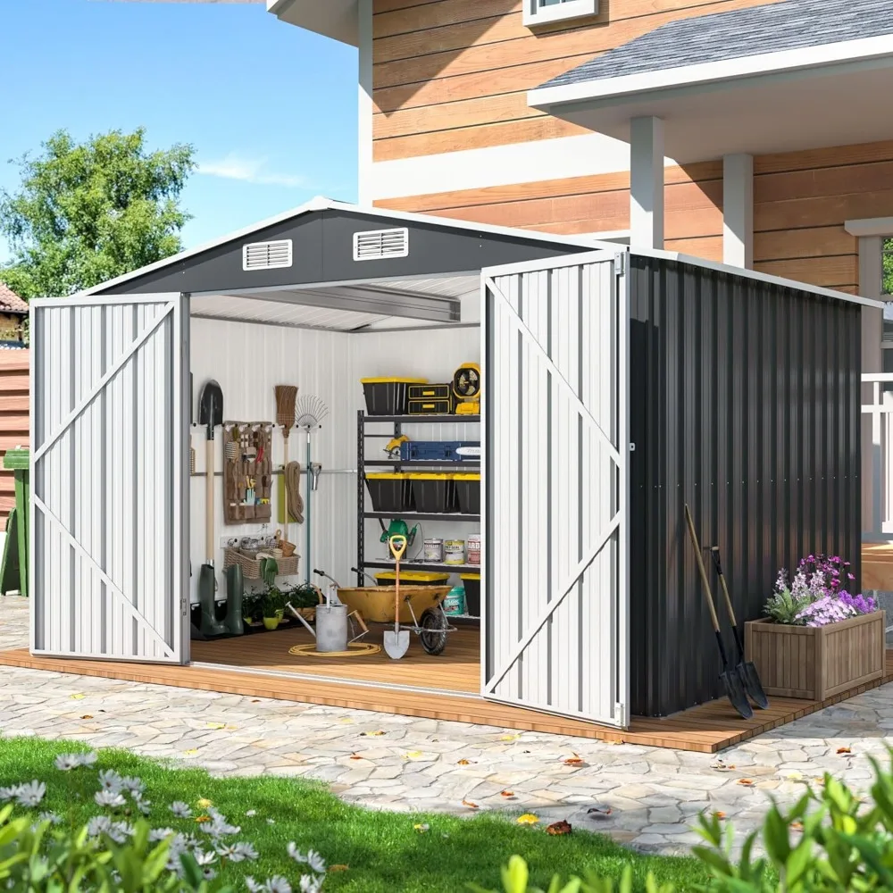 

10x8 FT Outdoor Storage Shed, Metal Garden Tool Shed with Updated Frame Structure and Lockable Doors, Ideal for Backyard Garden
