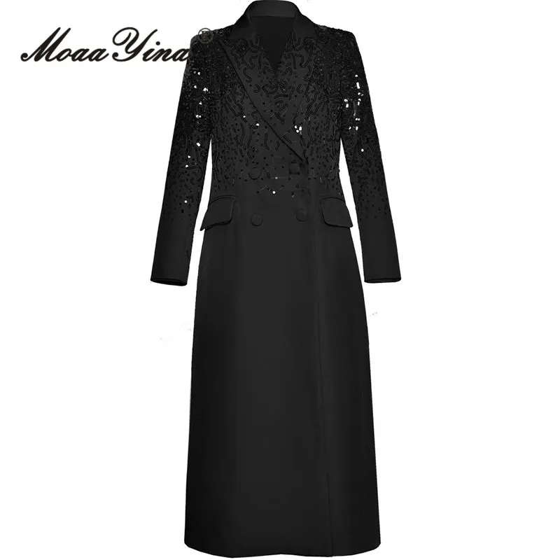 MoaaYina Women\'s Elegant Autumn and Winter Coat Notched Long Sleeved Double-Breasted Sequins Design Black/Red Overcoat