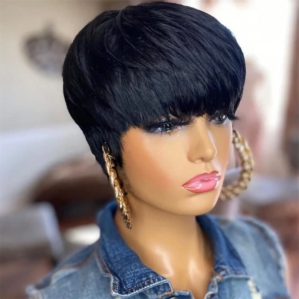 女性のためのショートレイヤードピクシーウィッグナチュラルブラックカラーフルマシンメイドウィッグ