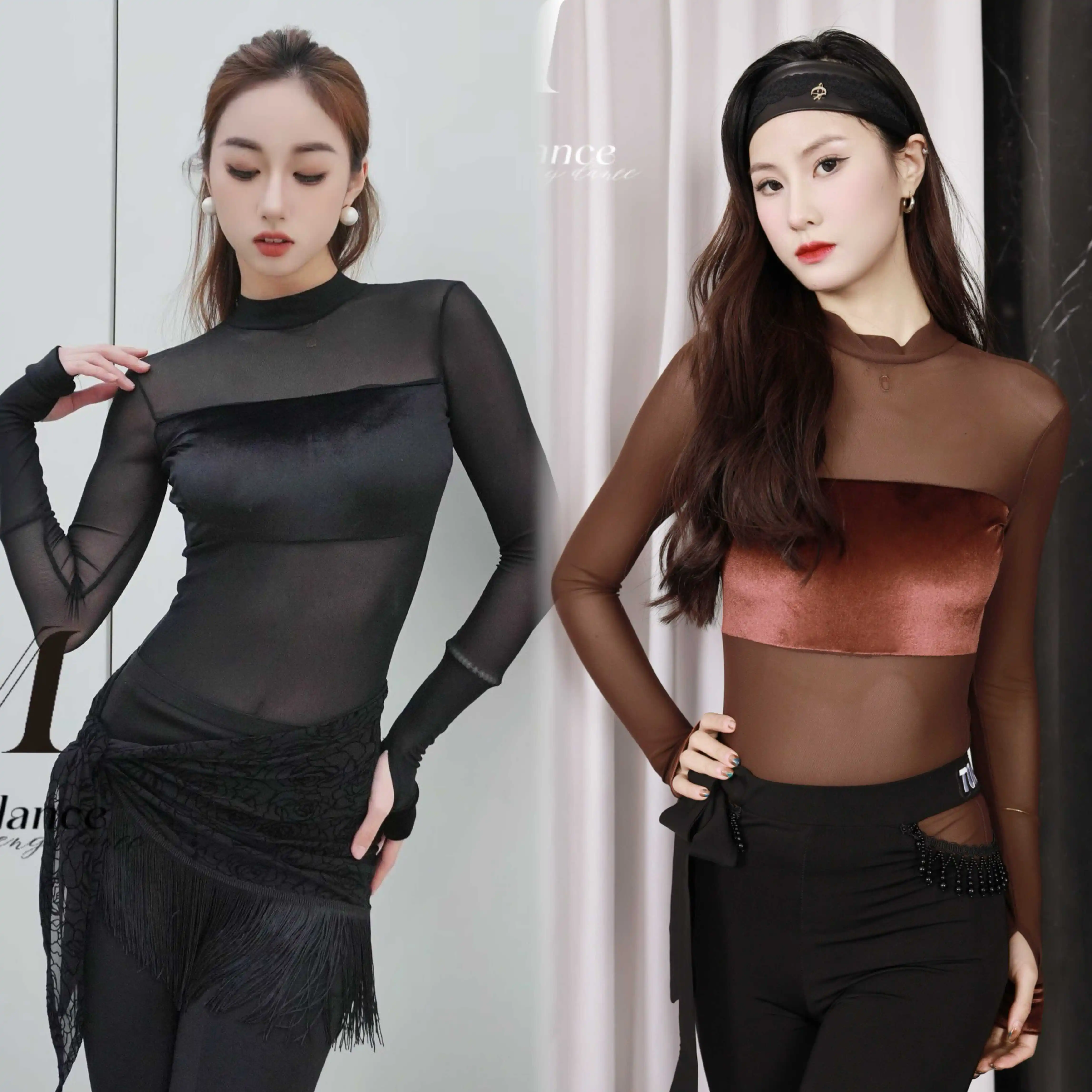 

2025 Women Latin Dance Modern Dance Costumes Sexy Mesh Long Sleeve Jumpsuit Practice Clothes Ballroom Dance Clothing DN22198