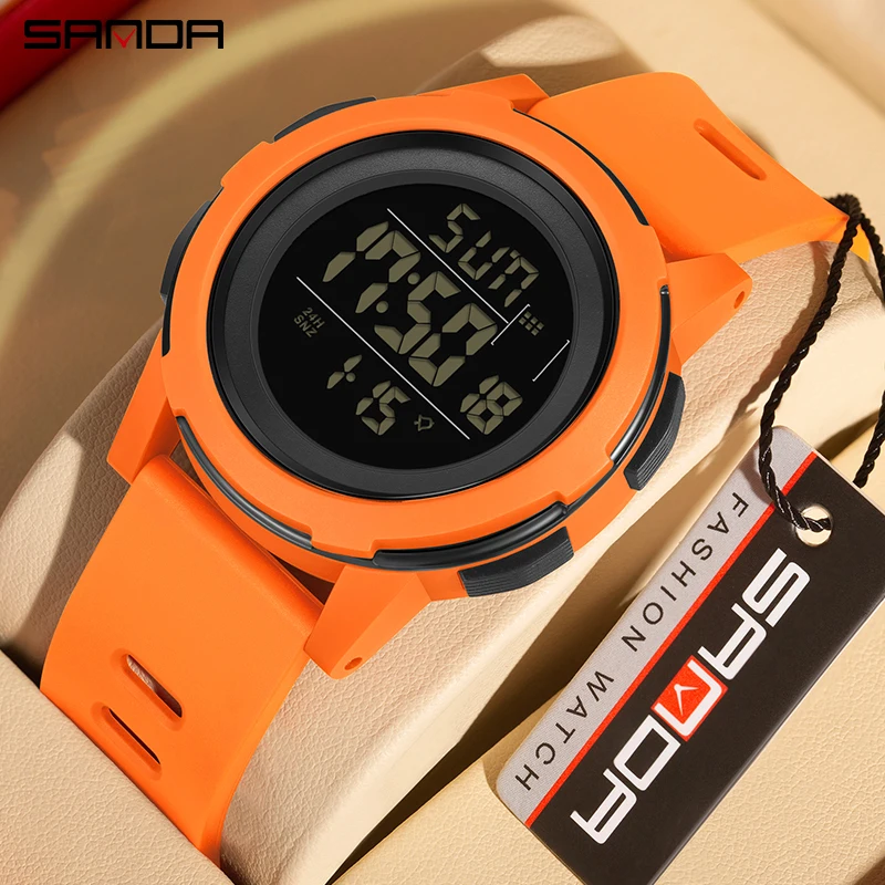 SANDA New Step Calorimeter Single Display LED Electronic Watch Simple Nightlight Waterproof Sports Digital Watch Men's Clock