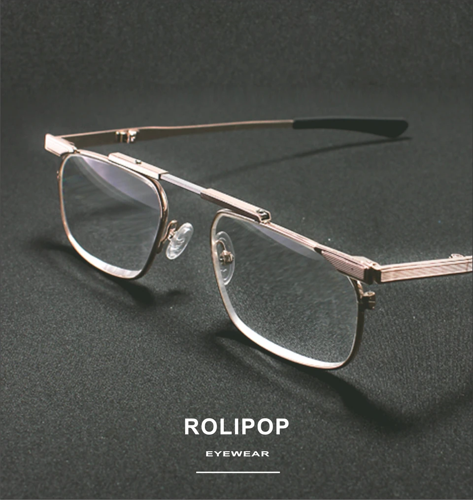 Rolipop Reading Glasses for Men Fashion Foldable Portable Business Glasses Rectangle Metal High Quality Extra Large with Case