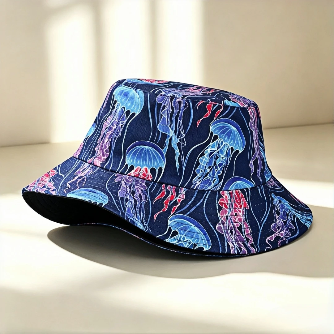 Vibrant Ocean Jellyfish Print Bucket Hat Wide Brim Fishing Hat Suitable for Both Men and Women, Great for Summer Beach Vacation,