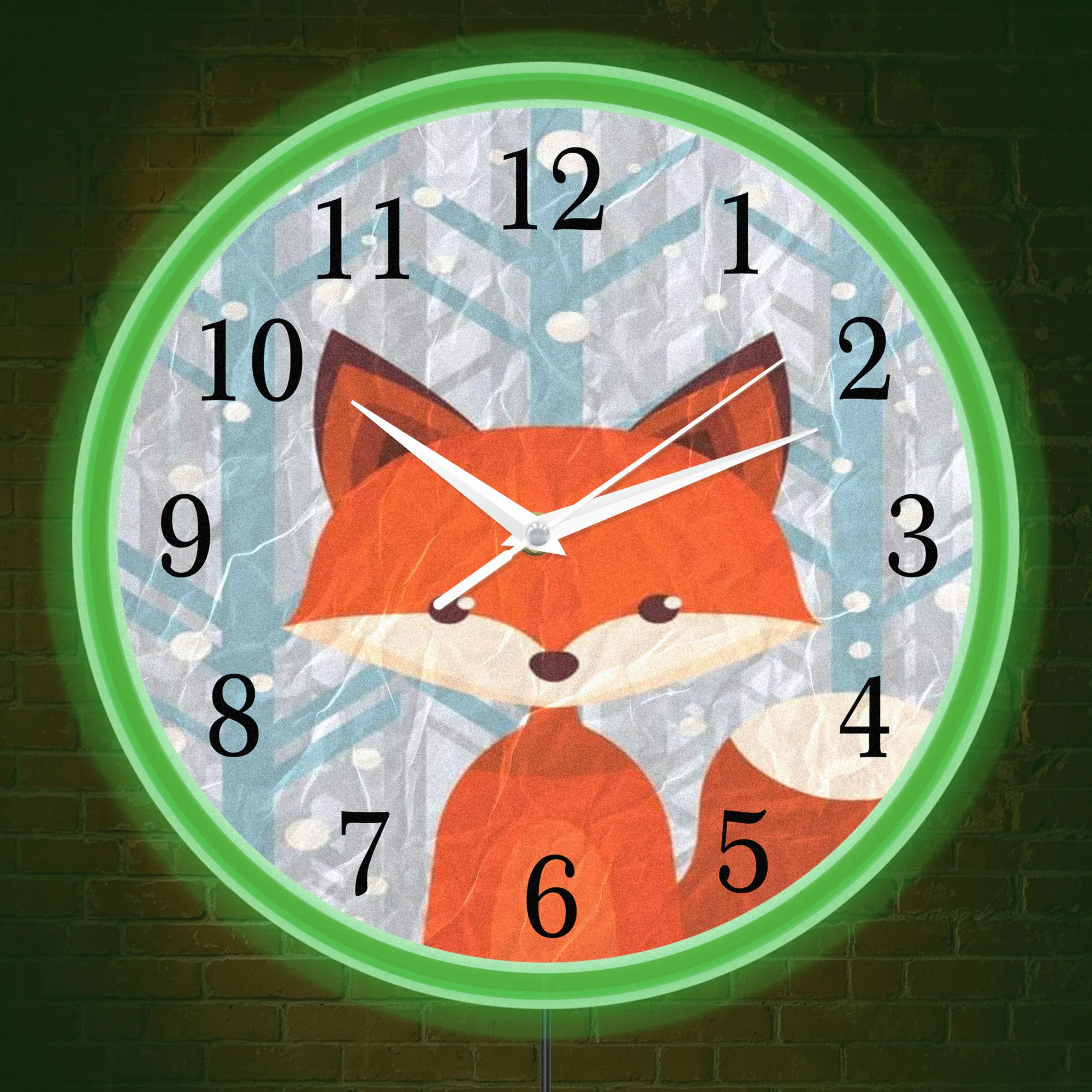 Cartoon Red Fox LED Night Light Wall Clock Silent Non Ticking Movement for Kids Room Nursery Forest Animal Luminous Wall Clock
