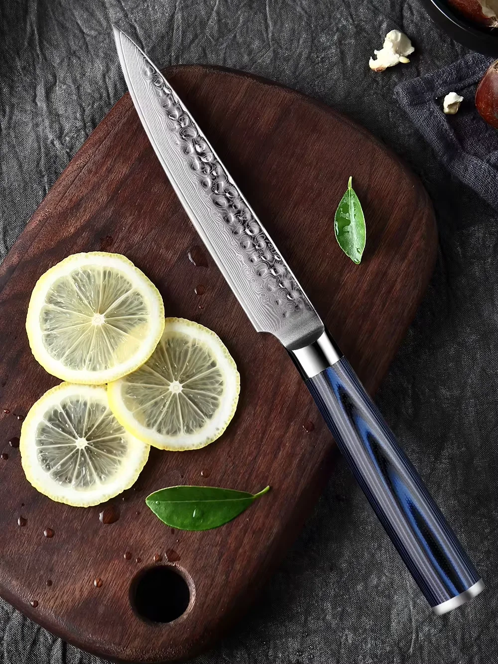 XITUO Hand-Forged Hammered Damascus VG-10 Steel Utility Knife Razor-Sharp Fruit Peeler Vegetable Knife Black-Blue G10 Handle