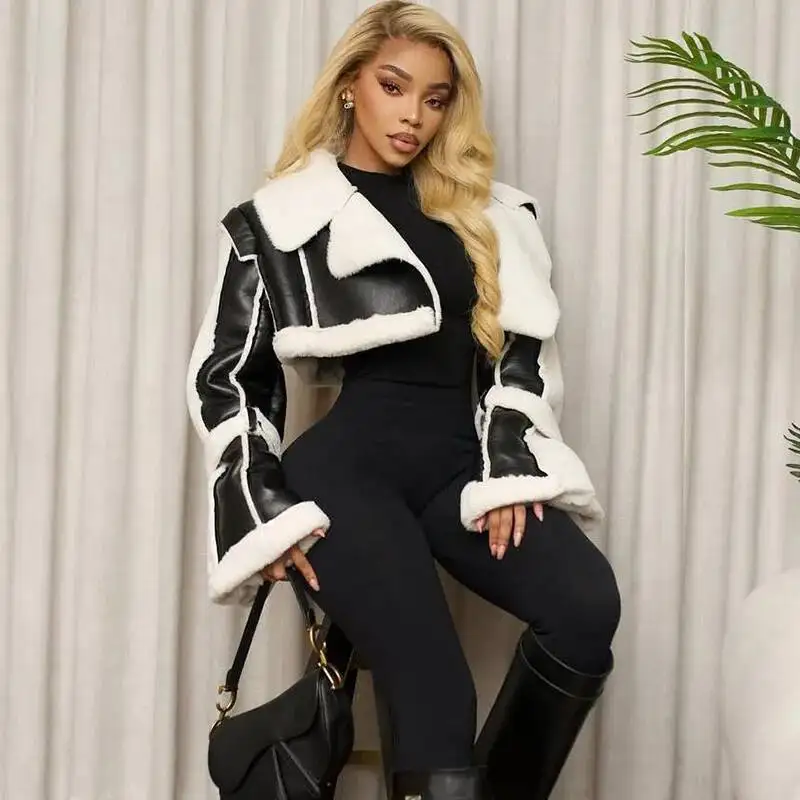Women Turn Down Collar Furry Lamb Patchwork PU Leather Jackets Cropped Tops Long Sleeve Open Stitch Warm Coat Casual Outerwear