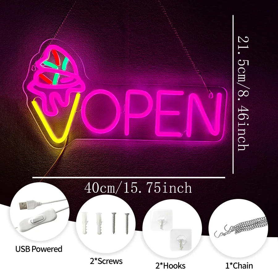 Ice Cream Cone Neon Sign, Open Pink Letter Lamp Usb Powered, Used In Restaurants, Cafes, Ice Cream Shops Business Decor Lights.