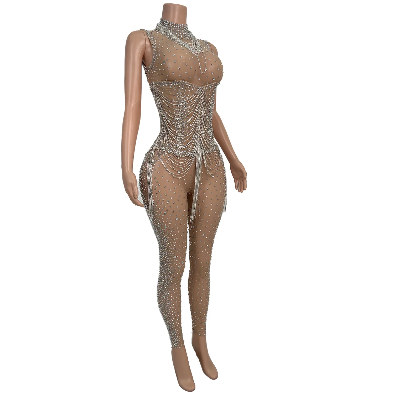 Sparkling See Through Rhinestone Tassel Jumpsuits Female Night Club Party Bodycon Rompers Stripper Bodysuit Gogo Dancer Costume