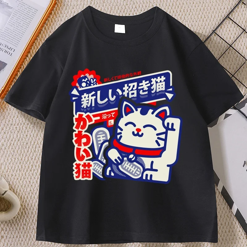 

Japanese Style Lucky Cat T-shirt Cotton Streetwear Vintage Breathable Fabric Outdoor Fitness Simple Stylish Summer Top