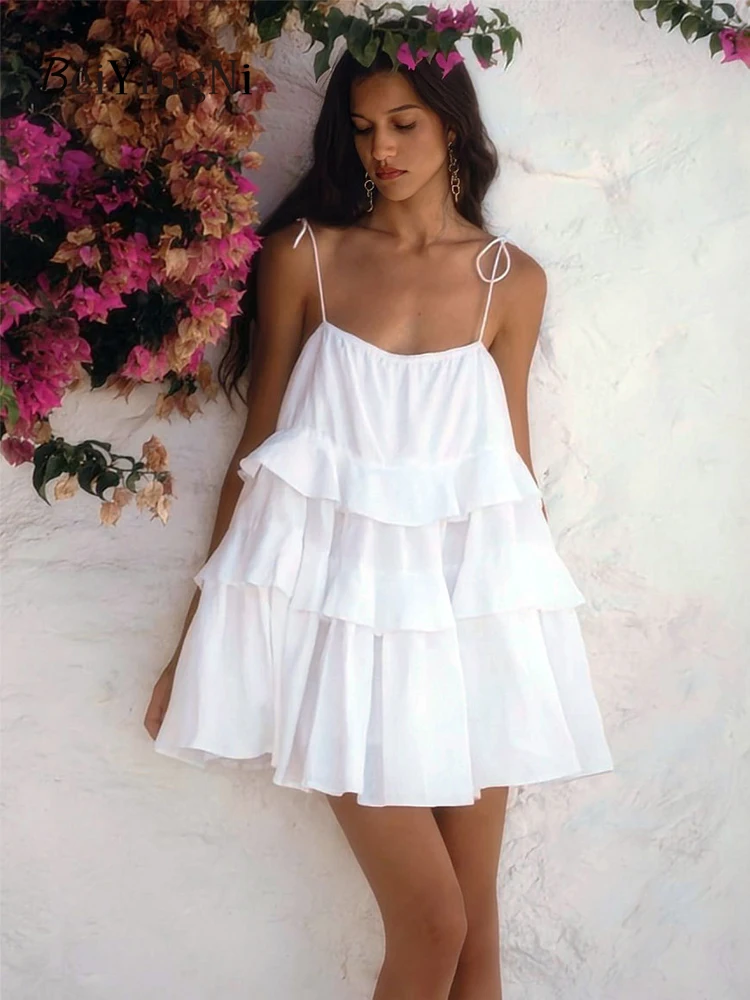 

Beiyingni Spaghetti Strap Cake Mini Dress Women Ruffles 2025 Summer Korean Fashion Tiered White Dresses Female Sweet Sexy Club