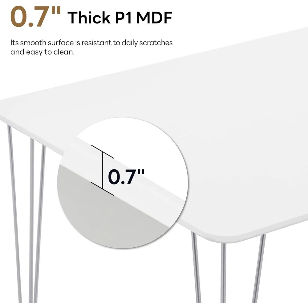 Mesa de jantar retangular moderna para 4 em lilás - 47,5 pequena mesa de cozinha branca com pernas de metal para sala de jantar e espaço de estar