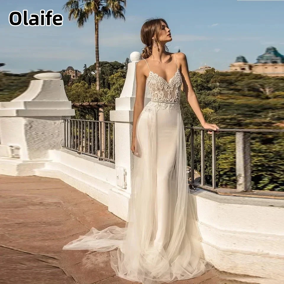 Olaife-Boho Vestido De Noiva Sereia, Correias De Espaguete, Decote Em V, Sem Mangas, Trem Longo Removível, Apliques De Renda, Vestido Sem Costas