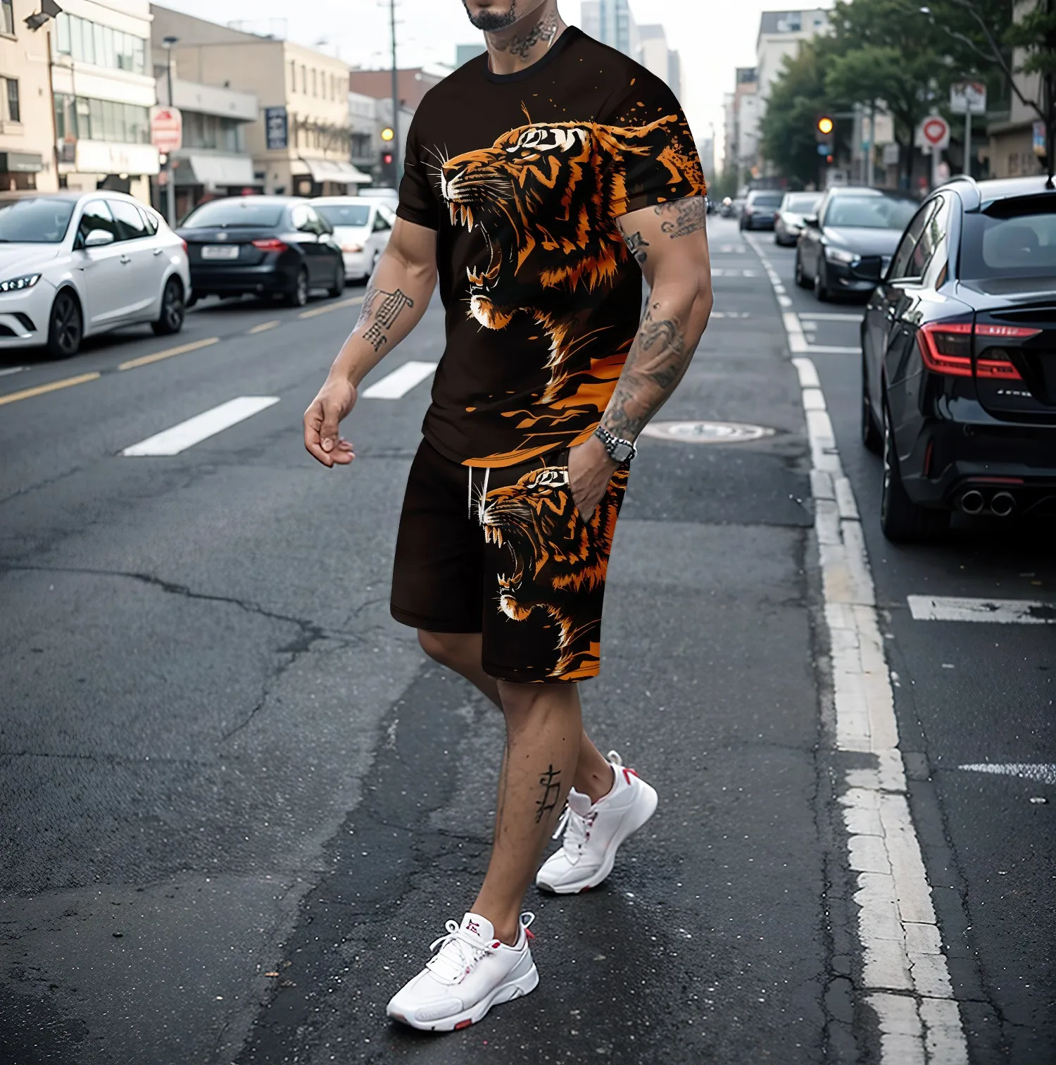 Summer new 3D tiger lion print men\'s round neck short sleeved T-shirt shorts set 2-piece high-quality  casual street sports set