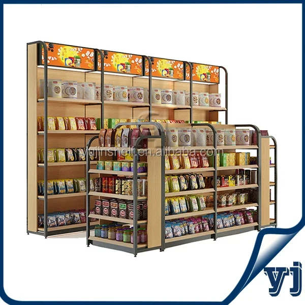 Economic Supermarket Wood Flooring Display Racks / Mini Market Shelf Snack Store Display Rack