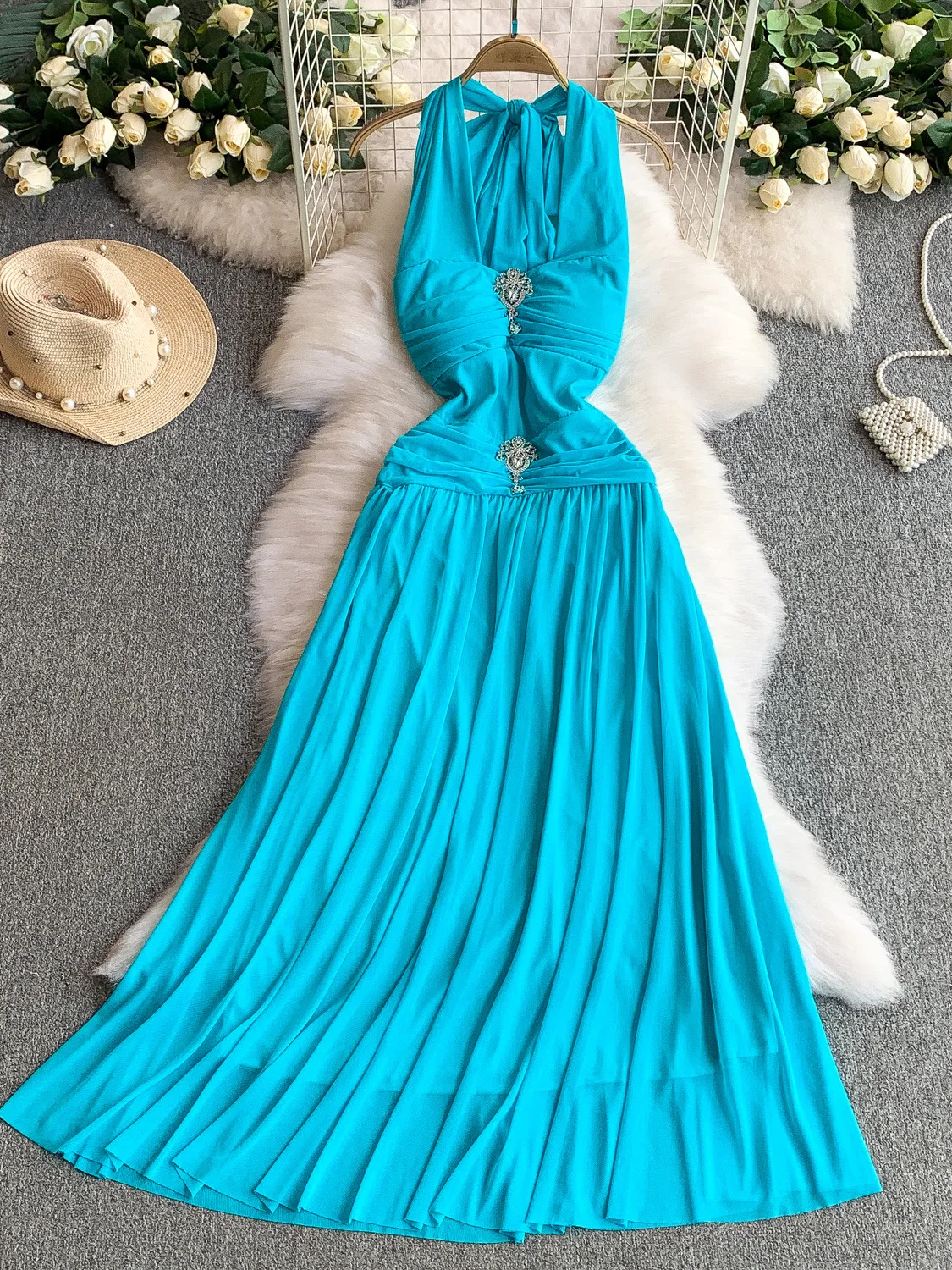 Ele bleu Long Dr femmes été Vaion Sle diamant décoré taille cintrée fée a-ligne Dr coréen Sle