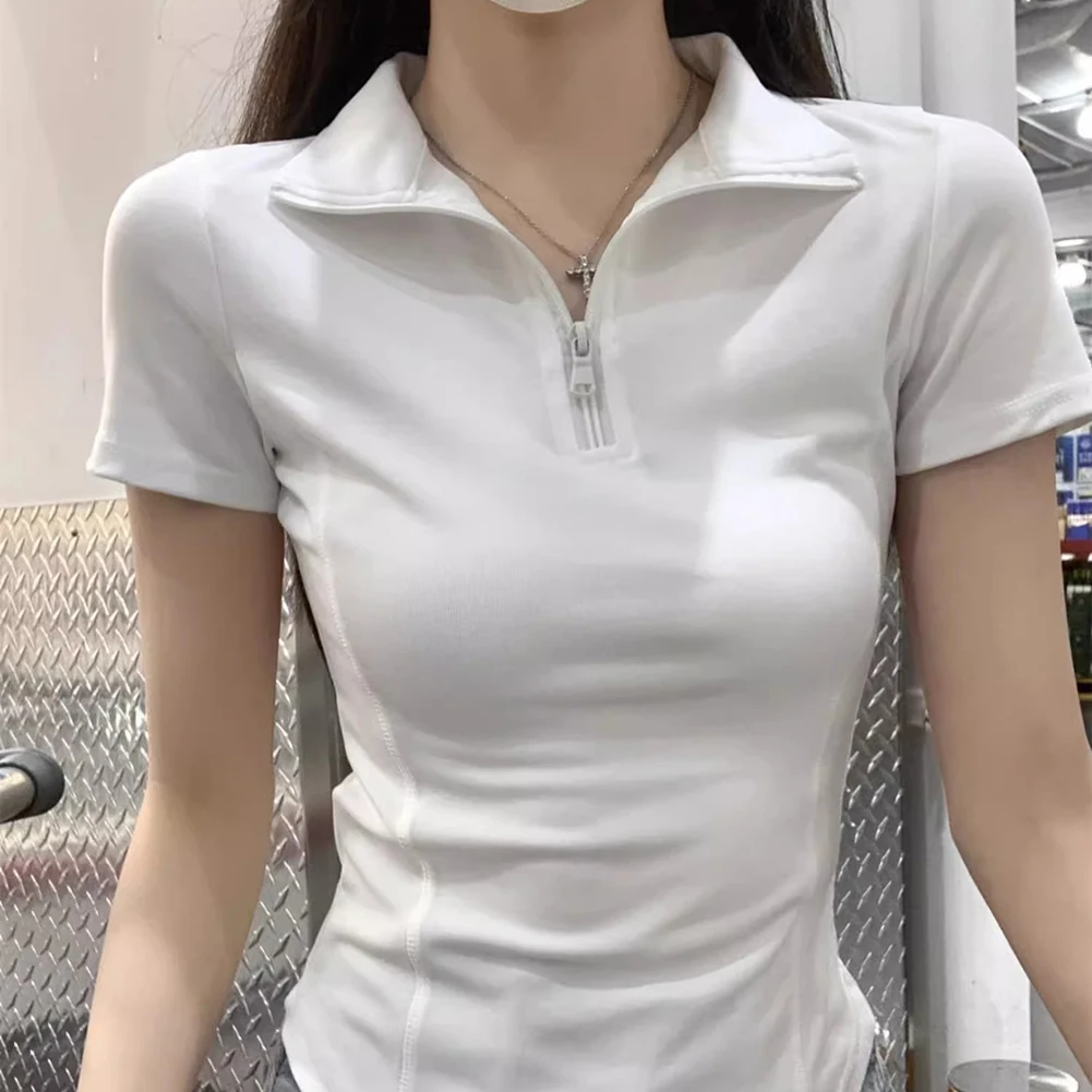 

Curved Waist Shirt Short Sleeve Top Casual Outings Comfortable Fit Polyester Spandex Blend Quick Drying Fabric