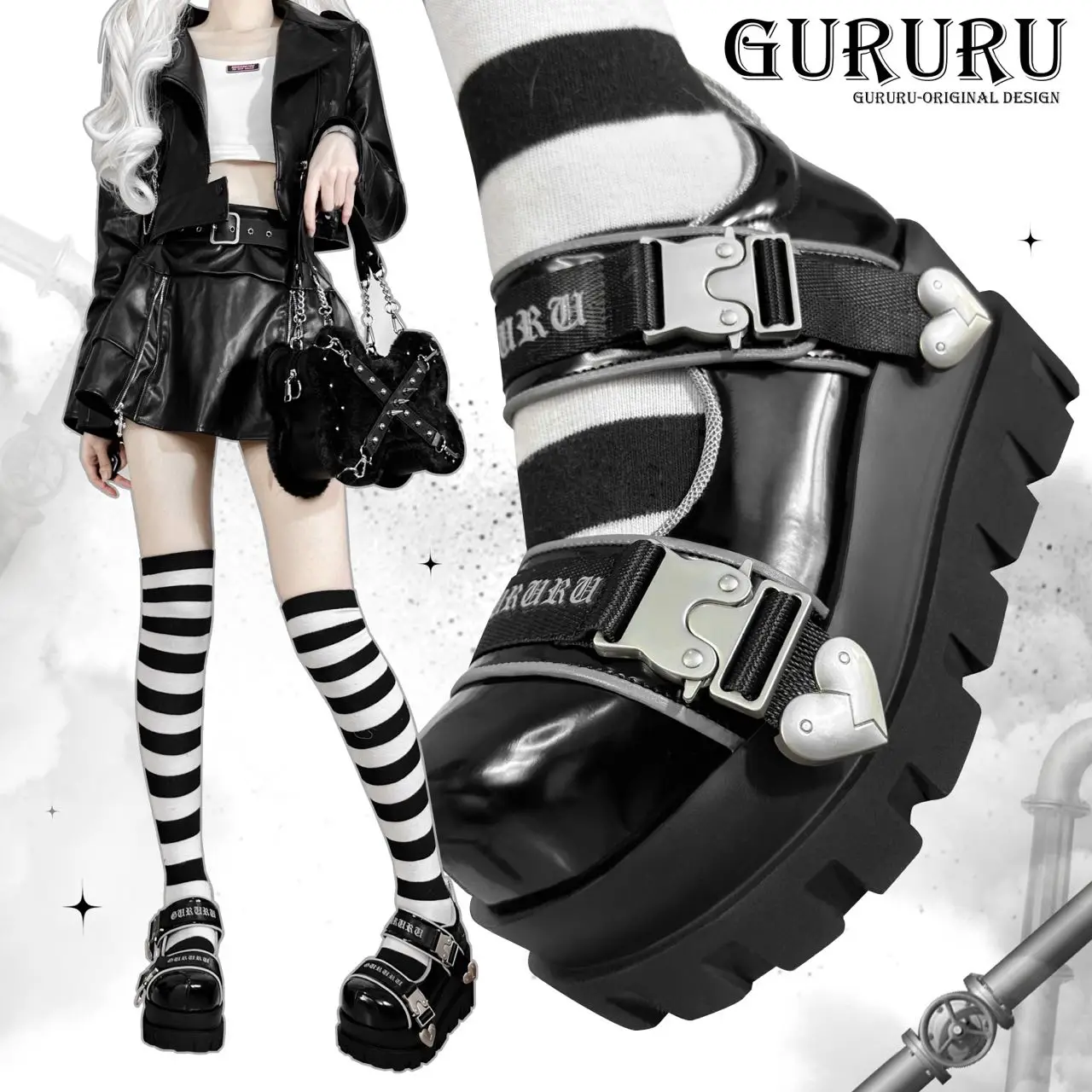 GURURURU-Sapatos Retro Dark Loli Cosplay, Salto Alto Grosso, Lolita, Legal, Punk, Original, 5-8cm, Y2K