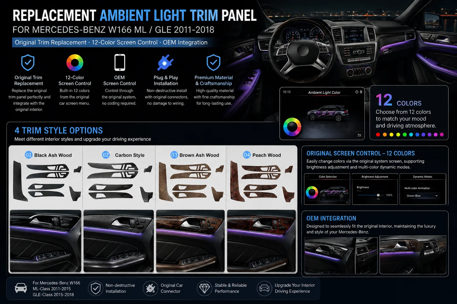 ICarsin OEM 12 Colors Wood Ambient Lighting For Mercedes W166 X166 GLE GLS ML GL Trim Replacement Car Screen Control