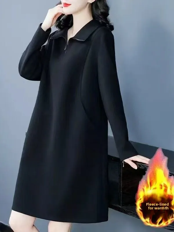 

plus Size Women's Fashionable Fleece Lined Thickened Dress Conceal Meat Autumn Winter New Style High Waist A-Line Skirt Dress