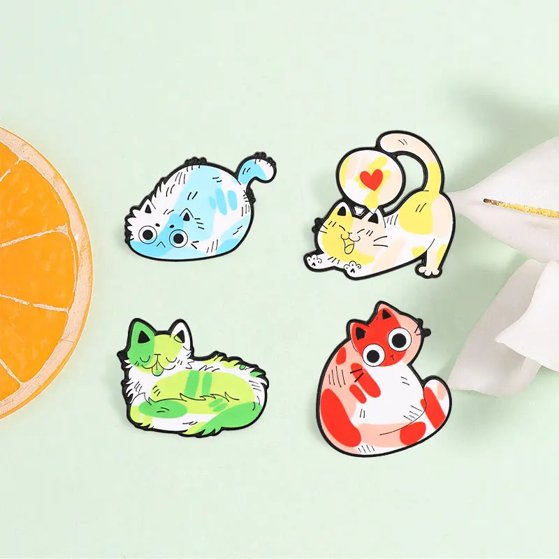 Doodle Color Block Cat Enamel Badge Kawaii Multicolor Rainbow Galaxy Kitten Cartoon Animal Pins Lapel Brooches Jewelry Gifts