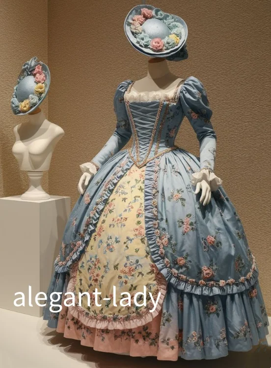 Aangepaste Victoriaanse baljurken blauwe vintage 18e-eeuwse Elizabethaanse avondjurken bloemenprint borduurwerk jurken voor speciale gelegenheden