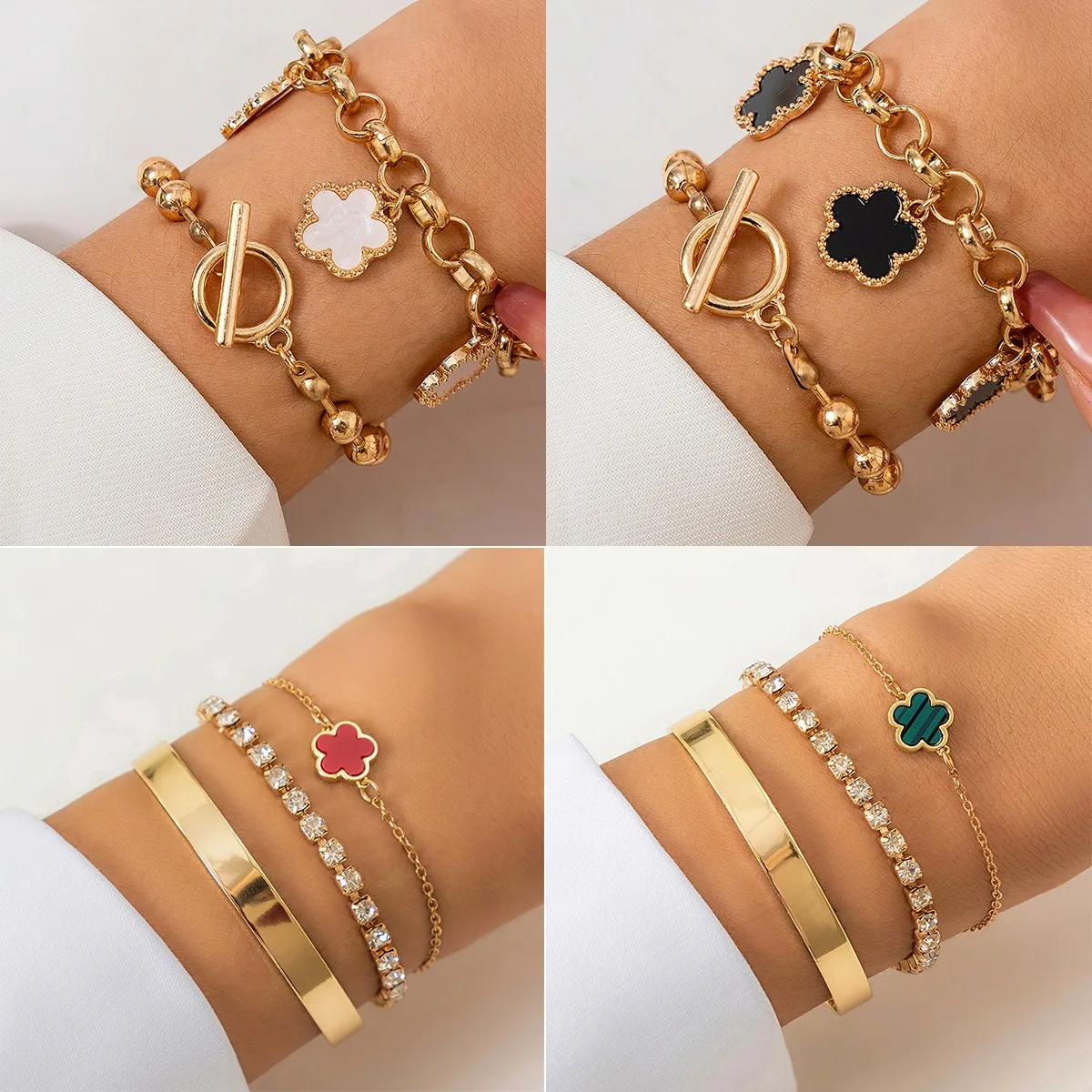 Pulsera lisa con diamantes de agua para mujer, brazalete de hierba de cinco hojas, diseño de alta calidad, joyería de trébol, 2024