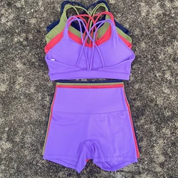 Conjunto de pantalones cortos de Yoga para mujer, conjunto deportivo de 2 piezas, traje de entrenamiento, sujetador con tirantes cruzados, pantalones cortos de cintura alta, chándal para correr