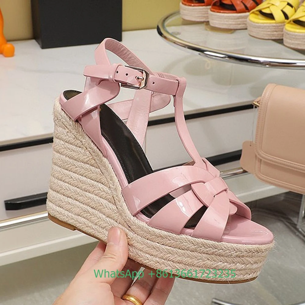 Cross Straps Open Toe Wedges Women Sandals Solid Color Open Toe Real Patent Leather Espadrilles Shoes Newest Summer 14cm Heels