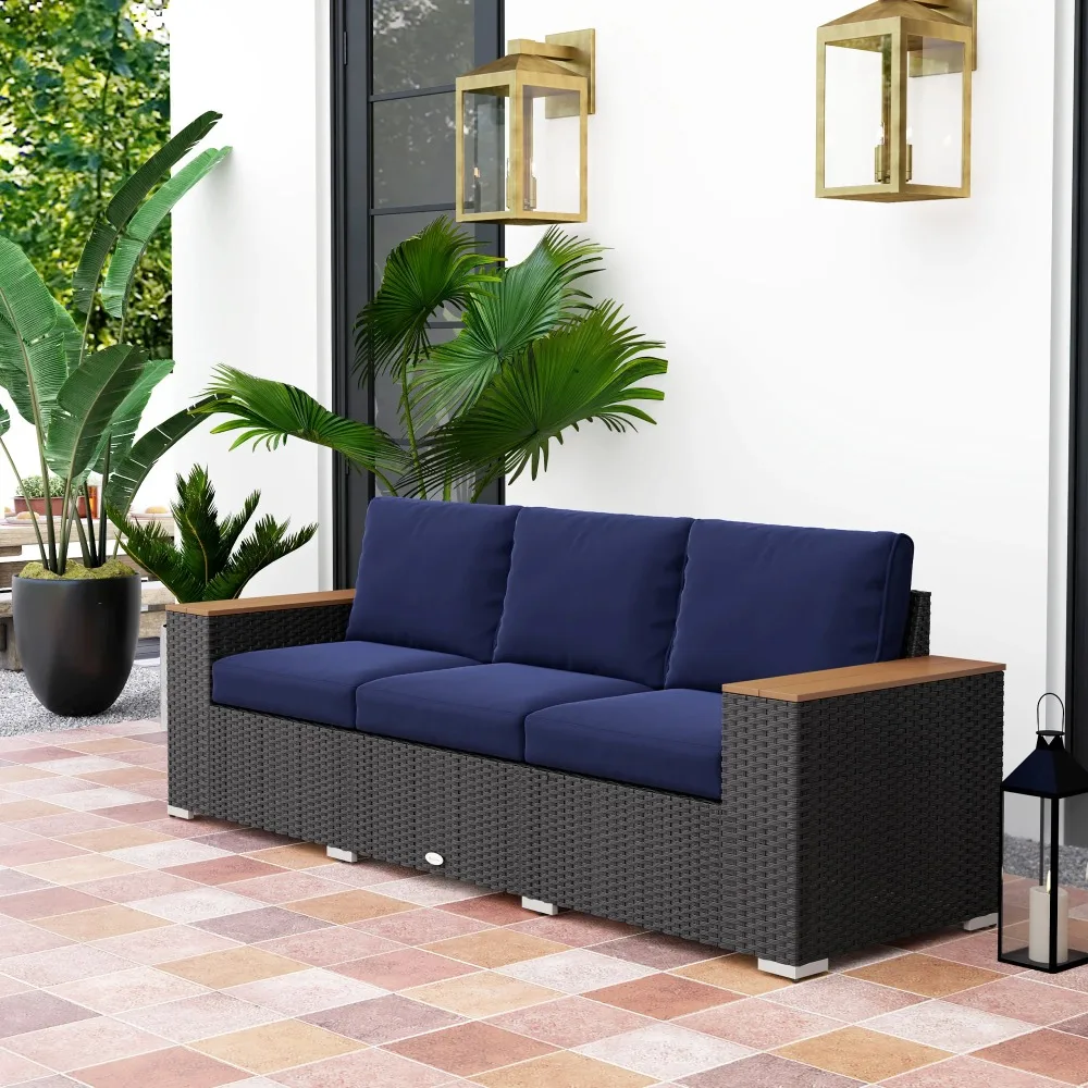 

3-Seat Outdoor Patio Sofa with Cushions, Pe Rattan Wicker Sofa, Navy Blue