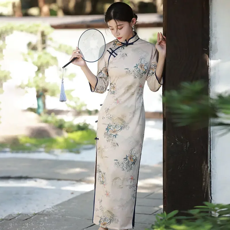 

Улучшенное Cheongsam в старом Шанхае, 2021, новый стиль, молодежное повседневное осенне-зимнее женское длинное платье в стиле ретро, высококачественное элегантное платье Ципао