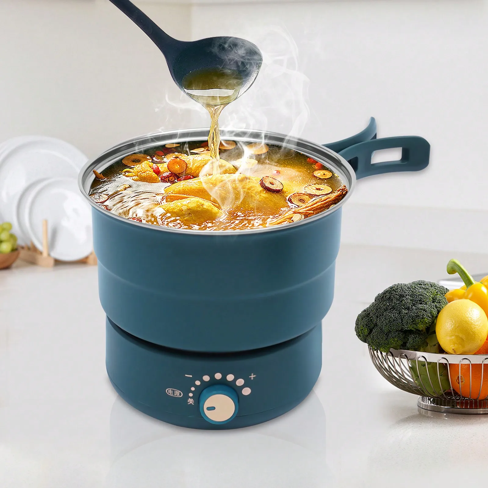Olla caliente eléctrica portátil con asas plegables, Mini olla caliente, cocina de fideos Ramen multifuncional con ajuste de potencia