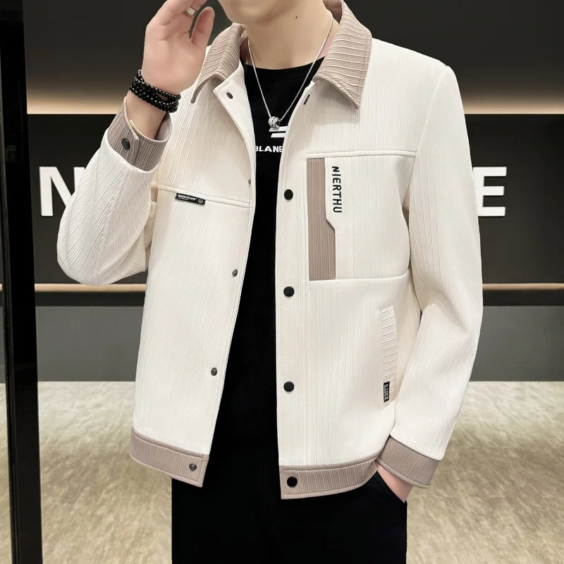 

Мужская повседневная свободная рубашка-куртка на весну-осень, модная, с воротником, в стиле рабочей одежды, из полиэстера, с длинным рукавом