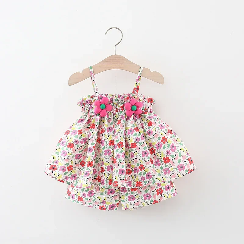 Summer New Girl Baby Set Sweet Small Flower Strap Top+Pants Two Piece Set Suitable for 0-3 Year Old Babies