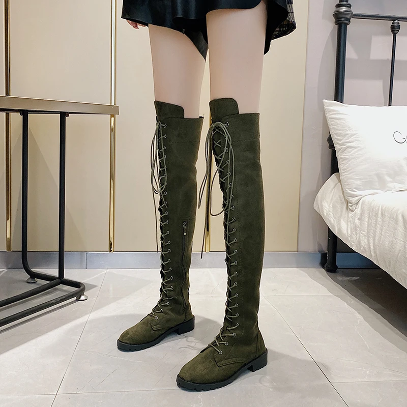 Sexy Thigh High Boots Women Western Over-the-knee Boots Rome Lace-up Low Heel Autumn Winter Boots Women Boots Shoes Plus Size 43