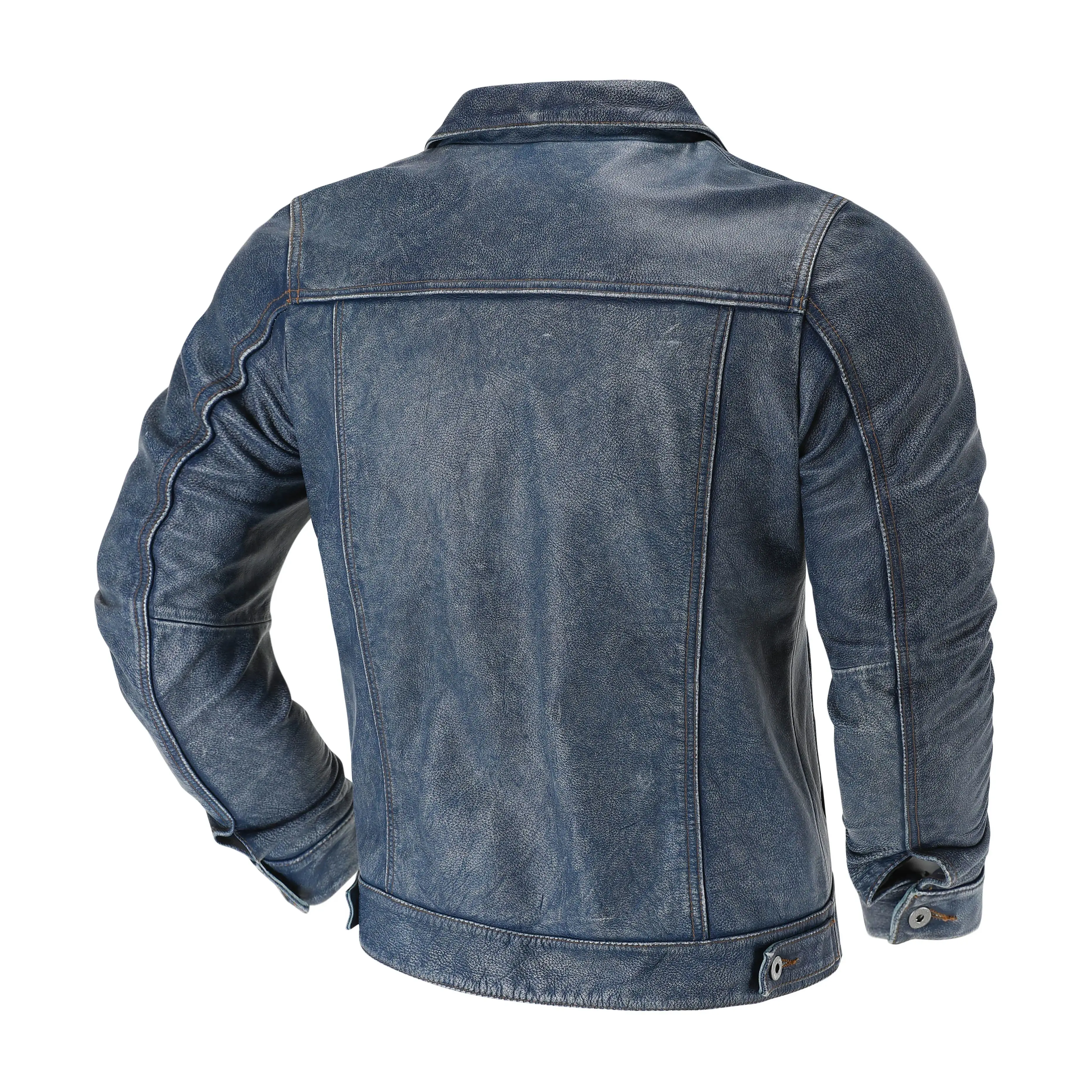 American Casual Top Layer Cowhide Leather Jacket Denim Blue Retro Graphite Distressed Motorcycle Leather Jacket Men\'s Short