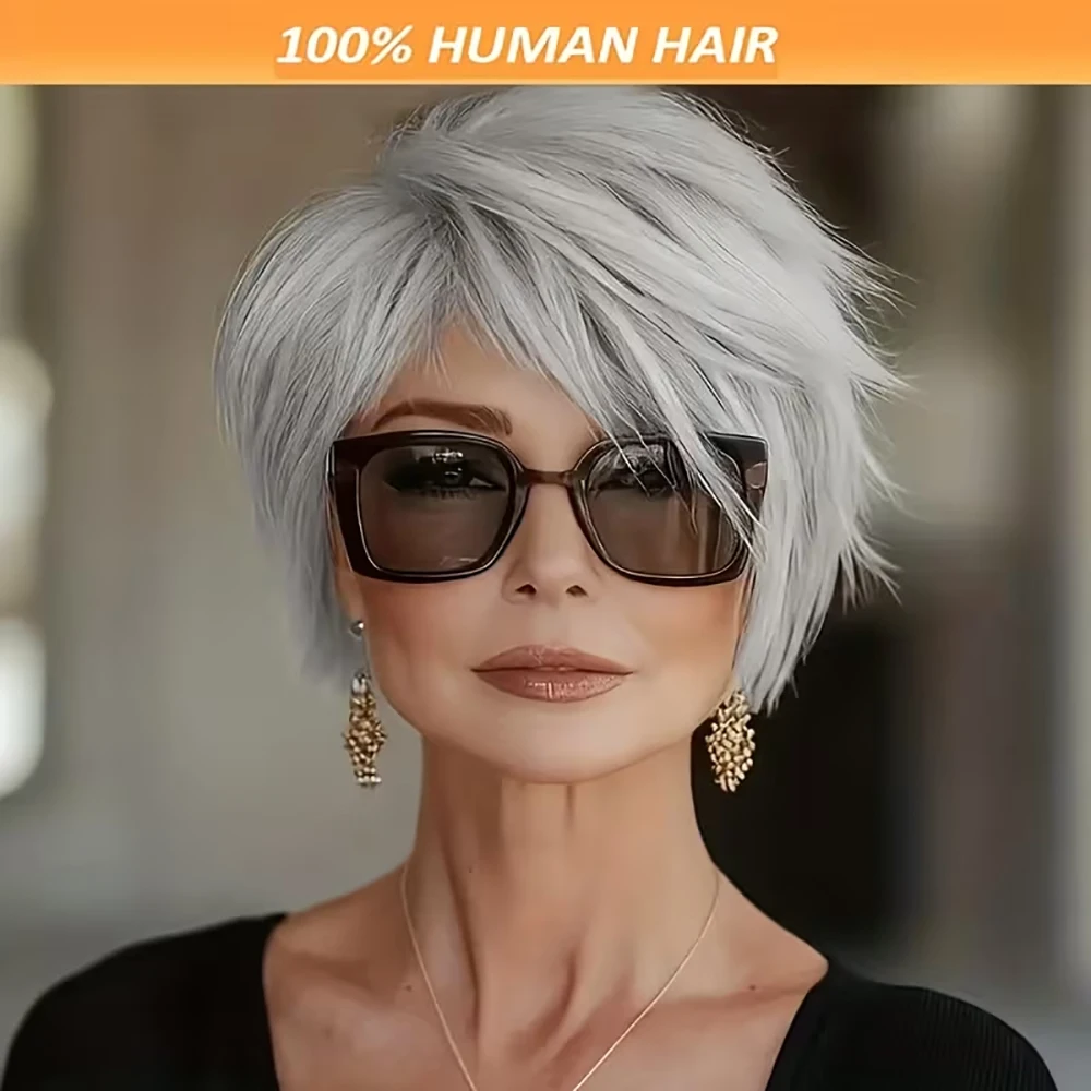 

Серебристо-серые короткие парики с стрижкой пикси, многослойные базильские волосы с челкой, прямые парики из человеческих волос для женщин, кепка машинного производства