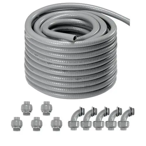 100ft 1/2 Flexible PVC Electrical Conduit - Liquid-Tight Non-Metallic with 10 Connectors for AC & Motor, IP65 Rated