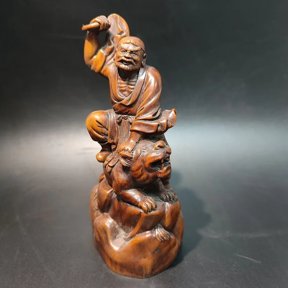 Antique India Wood Carving Arhat Carved Wood Buddha Boxwood Tiger Statue Wooden